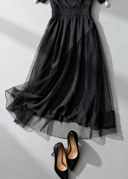 French Black Asymmetrical Design Hollow Out Tulle Patchwork Long Dress Summer
