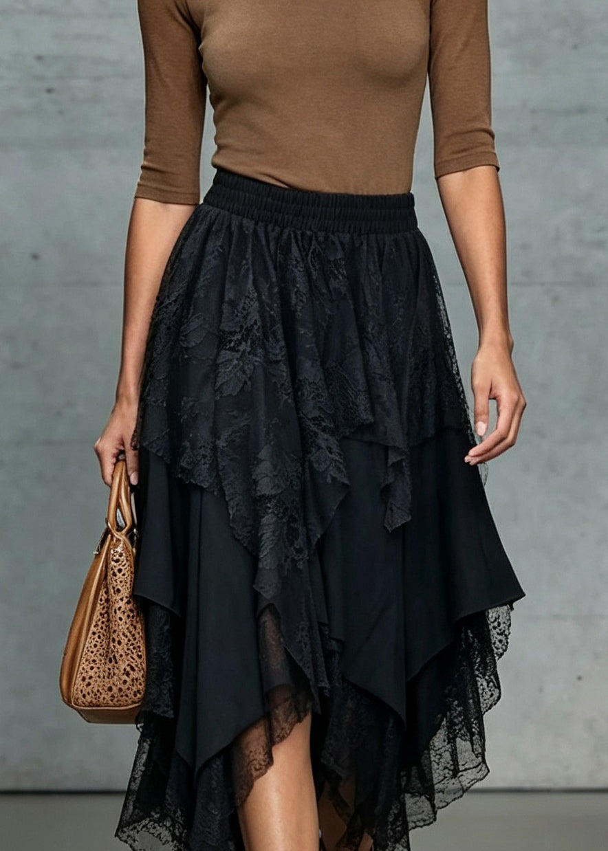 French Black Asymmetrical Design Patchwork Lace Skirts Fall