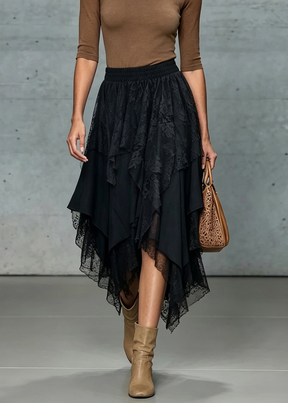 French Black Asymmetrical Design Patchwork Lace Skirts Fall