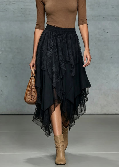 French Black Asymmetrical Design Patchwork Lace Skirts Fall