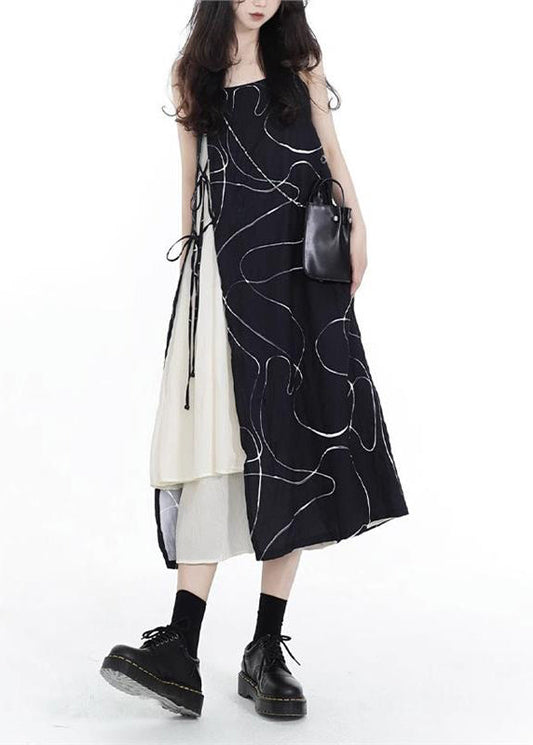 French Black Asymmetrical Lace Up Patchwork Cotton Spaghetti Strap Dress Sleeveless