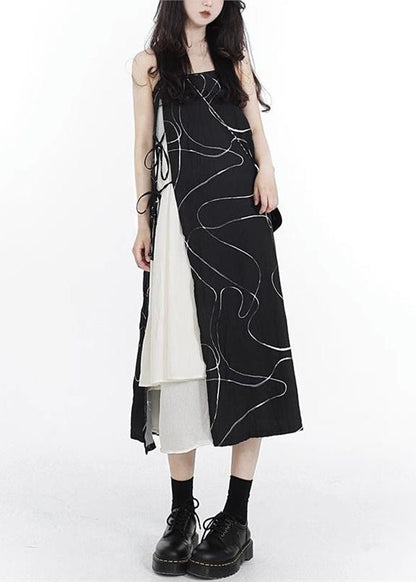 French Black Asymmetrical Lace Up Patchwork Cotton Spaghetti Strap Dress Sleeveless