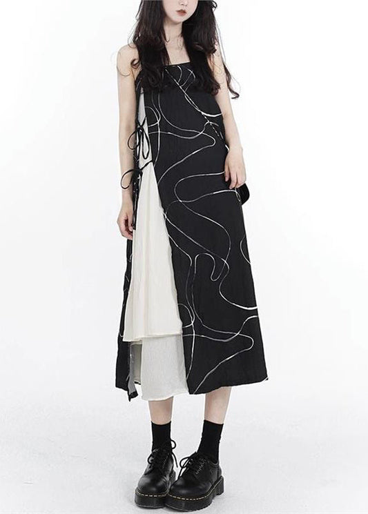 French Black Asymmetrical Lace Up Patchwork Cotton Spaghetti Strap Dress Sleeveless
