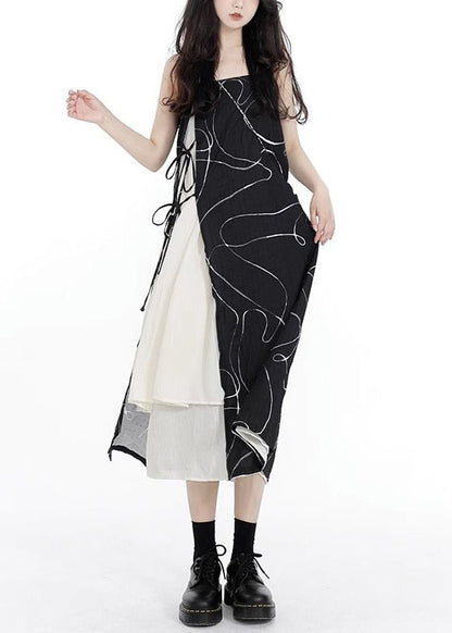 French Black Asymmetrical Lace Up Patchwork Cotton Spaghetti Strap Dress Sleeveless
