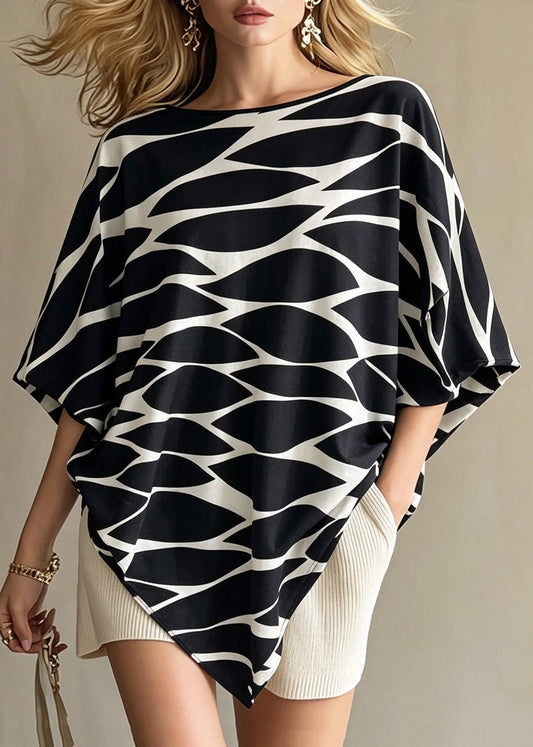 French Black Asymmetrical Print Shirt Tops Batwing Sleeve