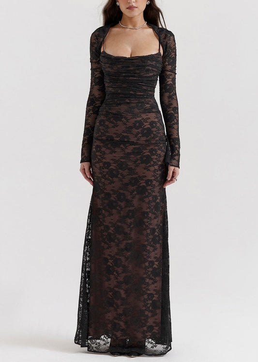 French Black Back Cross Strap Silm Fit Lace Party Dress Two Piece Set Sleeveless