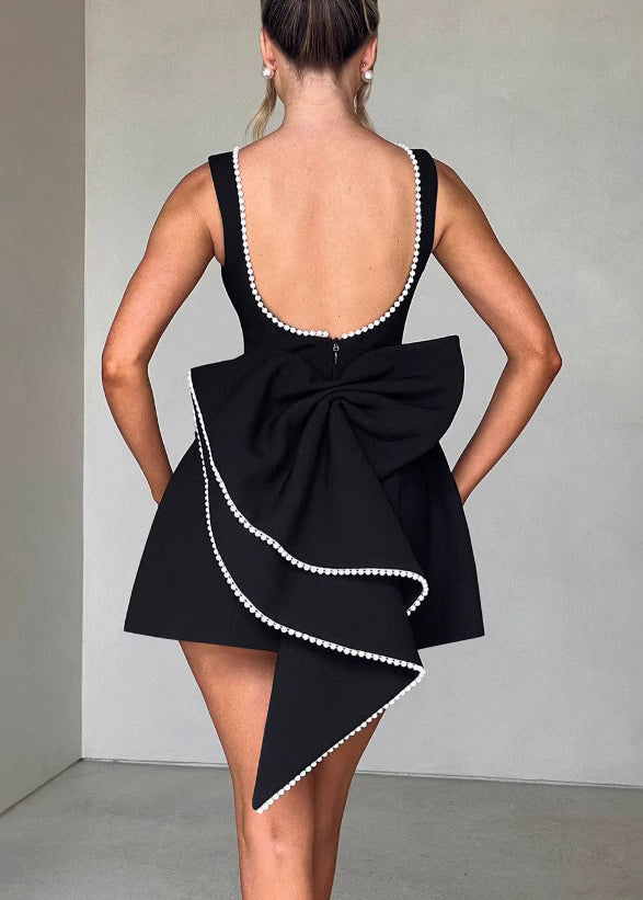 French Black Backess Bow Cotton Mini Dresses Summer