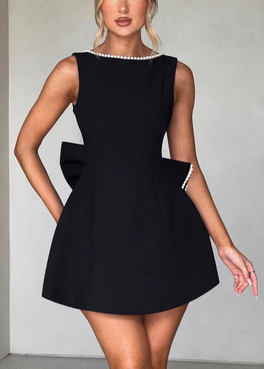 French Black Backess Bow Cotton Mini Dresses Summer