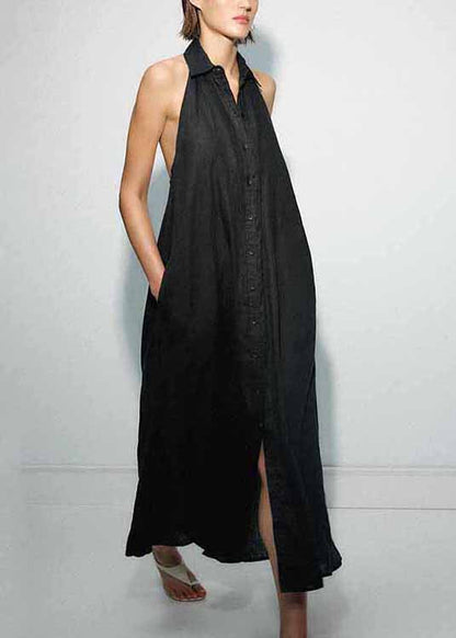 French Black Backless Button Lace Up Linen Long Dresses Sleeveless