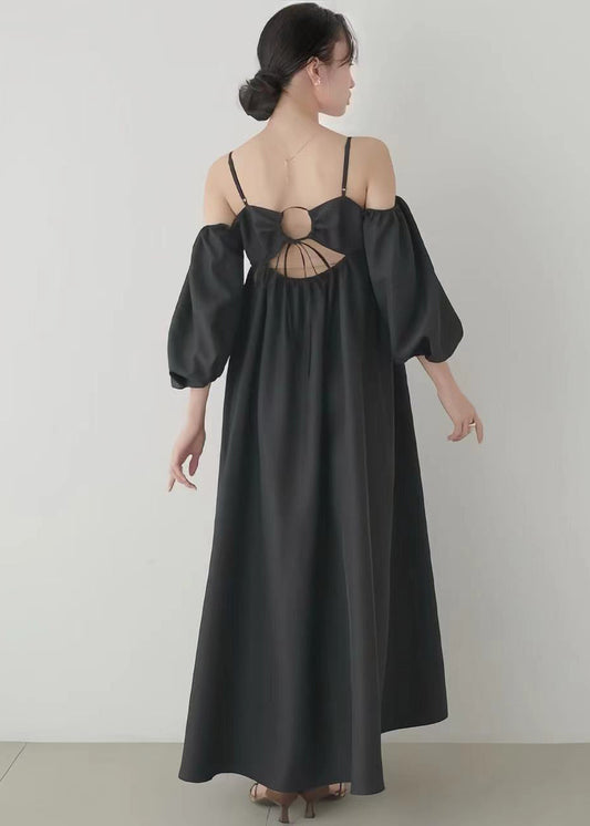 French Black Backless Cotton Party Dresses Puff Sleeve
