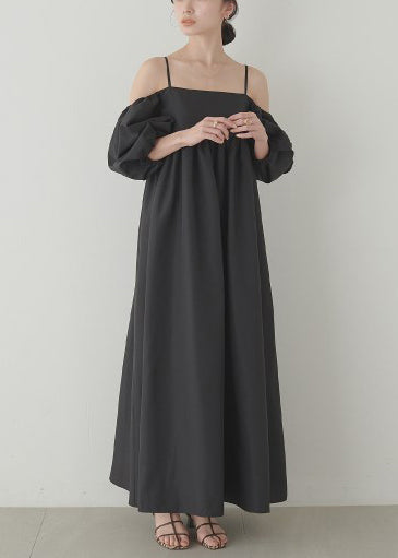 French Black Backless Cotton Party Dresses Puff Sleeve
