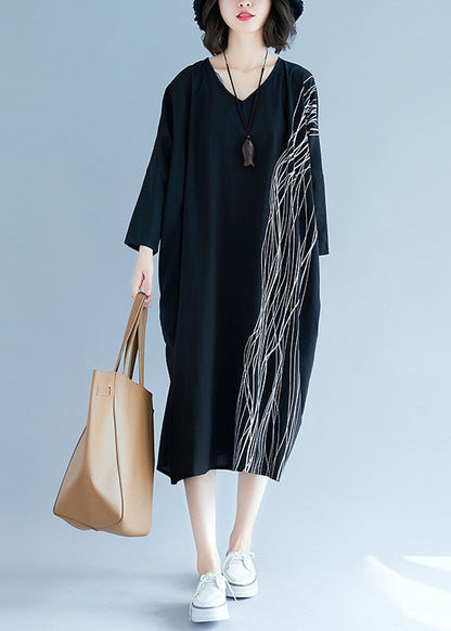 French Black Bat Wing Sleeve V Neck Print Patchwork Fall Maxi Dress