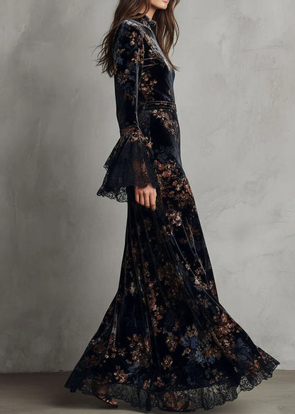 French Black Blue Print Patchwork Velvet Vacation Dresses Flare Sleeve