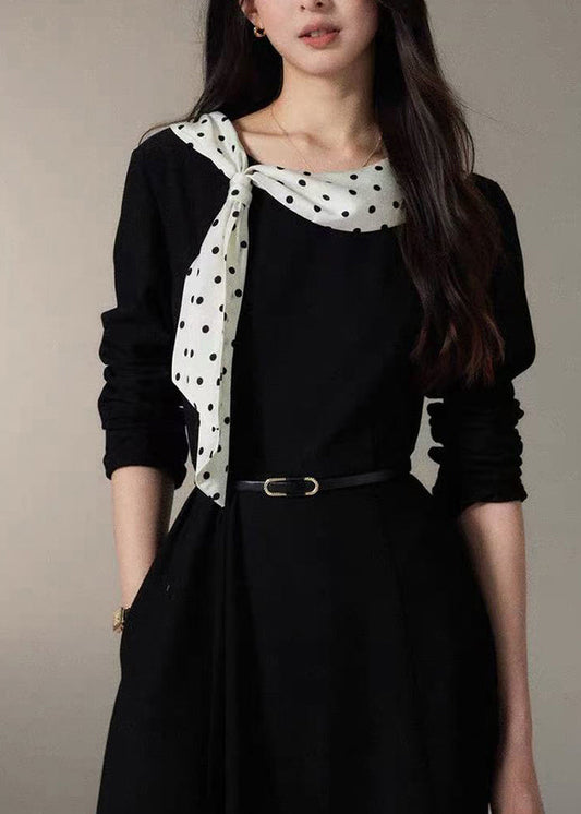 French Black Cinched Patchwork Scarf Cotton Dress Fall