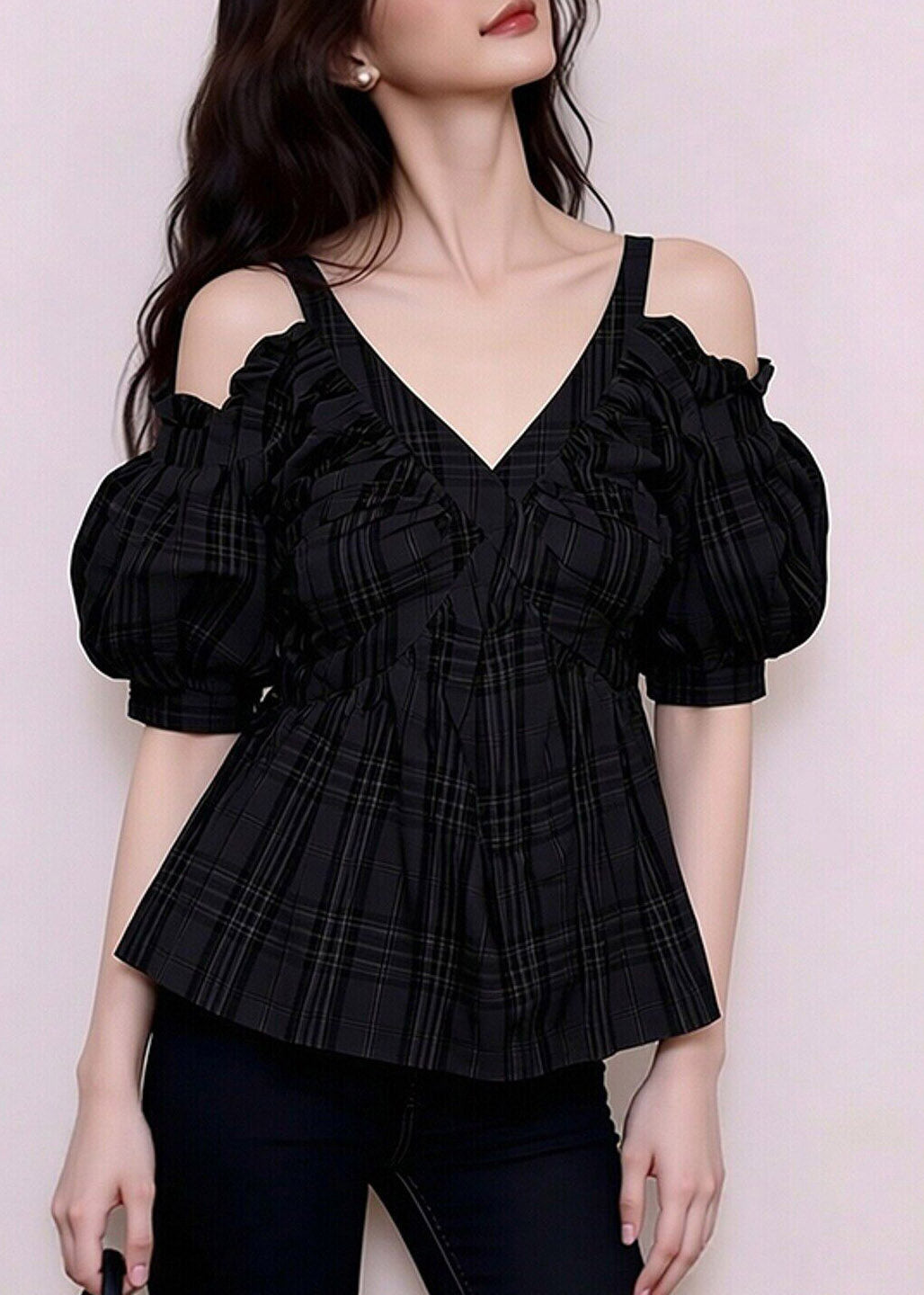 French Black Cold Shoulder Flattering Shirts Short Sleeve