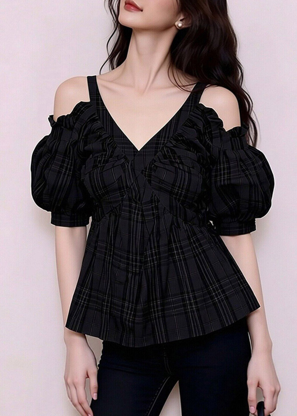 French Black Cold Shoulder Flattering Shirts Short Sleeve
