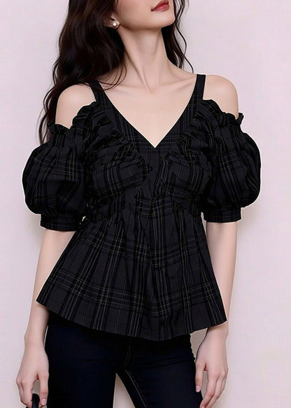 French Black Cold Shoulder Flattering Shirts Short Sleeve