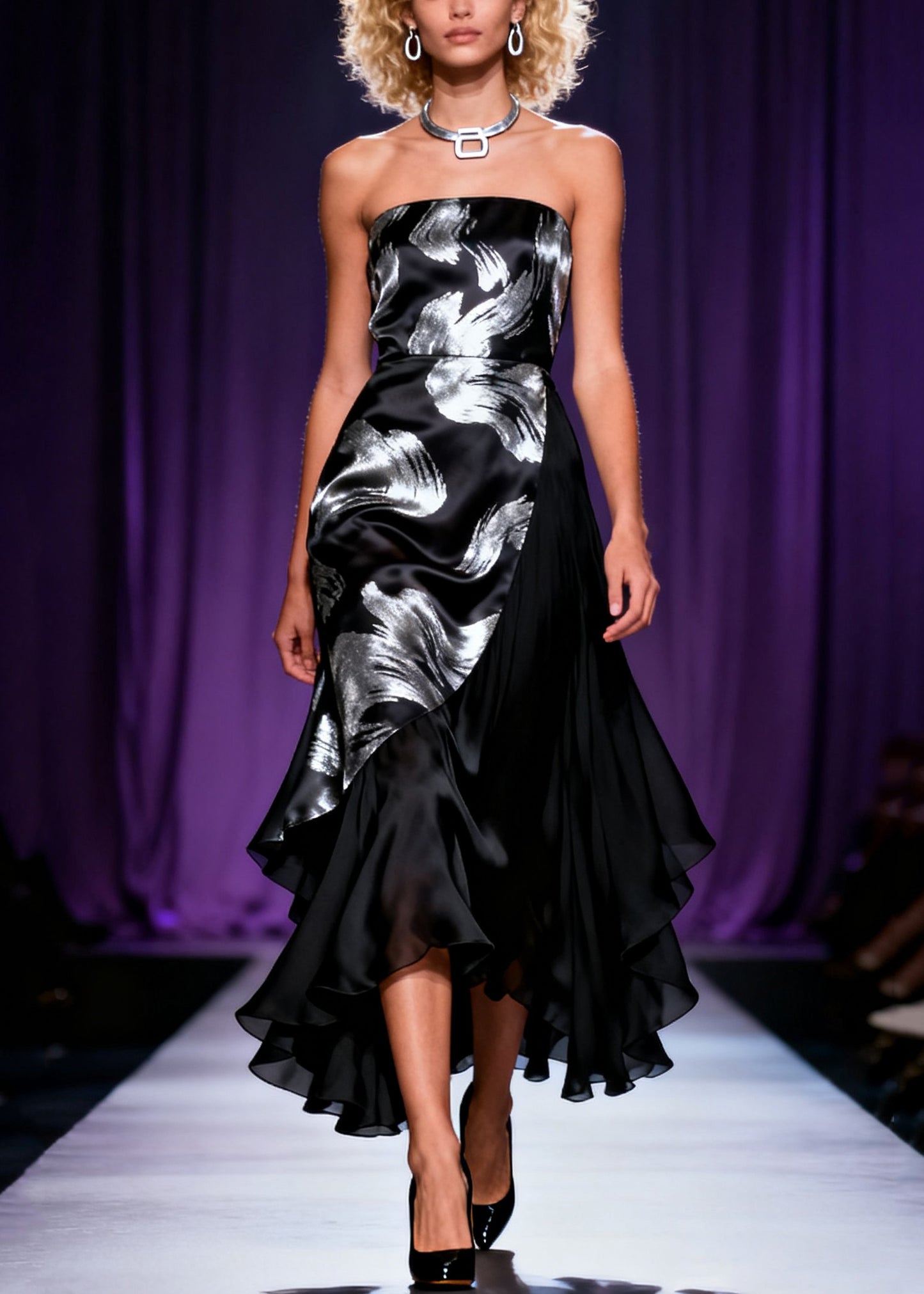 French Black Cold Shoulder Print Chiffon Patchwork Party Dress Sleeveless