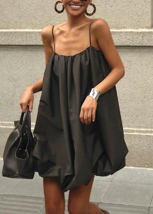 French Black Cotton Spaghetti Strap Dress Summer