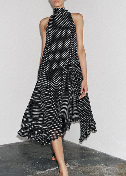 French Black Dot Print Chiffon Long Dress Sleeveless