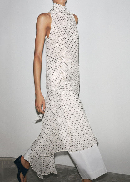 French Black Dot Print Chiffon Long Dress Sleeveless