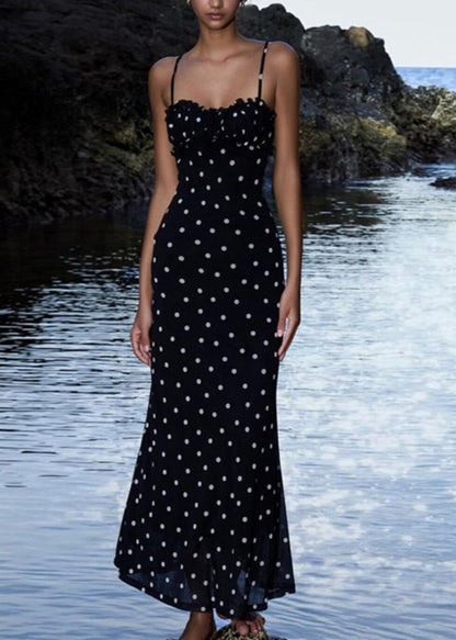 French Black Dot Print Slim Chiffon Spaghetti Strap Dress Summer