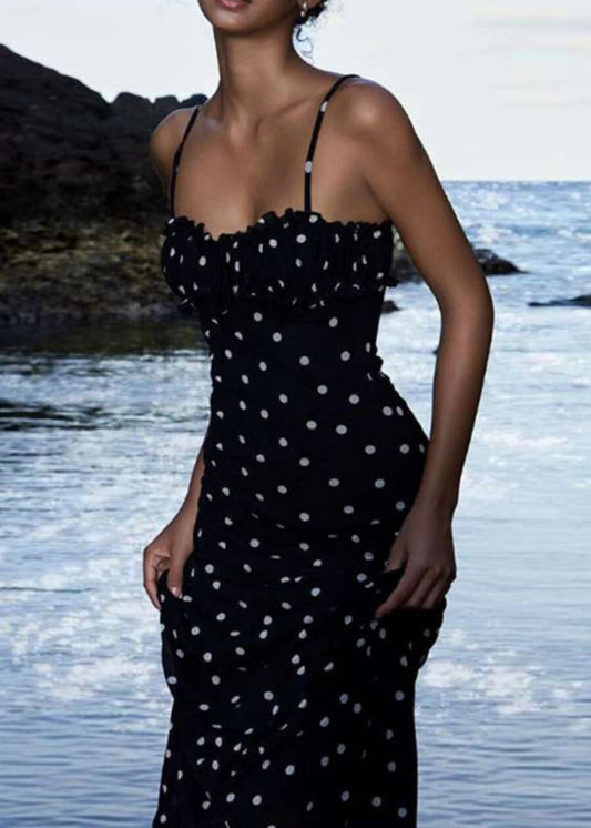 French Black Dot Print Slim Chiffon Spaghetti Strap Dress Summer