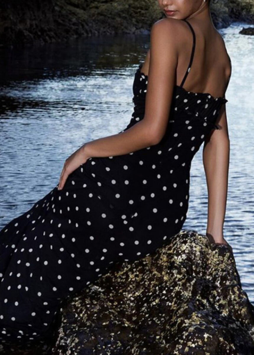 French Black Dot Print Slim Chiffon Spaghetti Strap Dress Summer