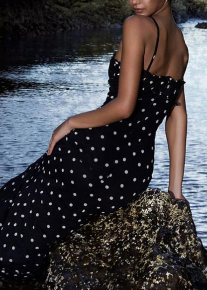 French Black Dot Print Slim Chiffon Spaghetti Strap Dress Summer