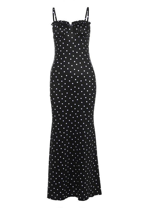 French Black Dot Print Slim Chiffon Spaghetti Strap Dress Summer