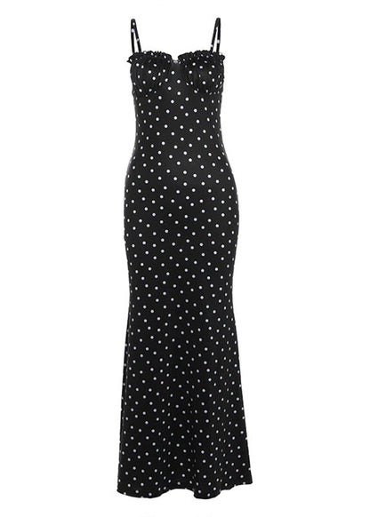 French Black Dot Print Slim Chiffon Spaghetti Strap Dress Summer