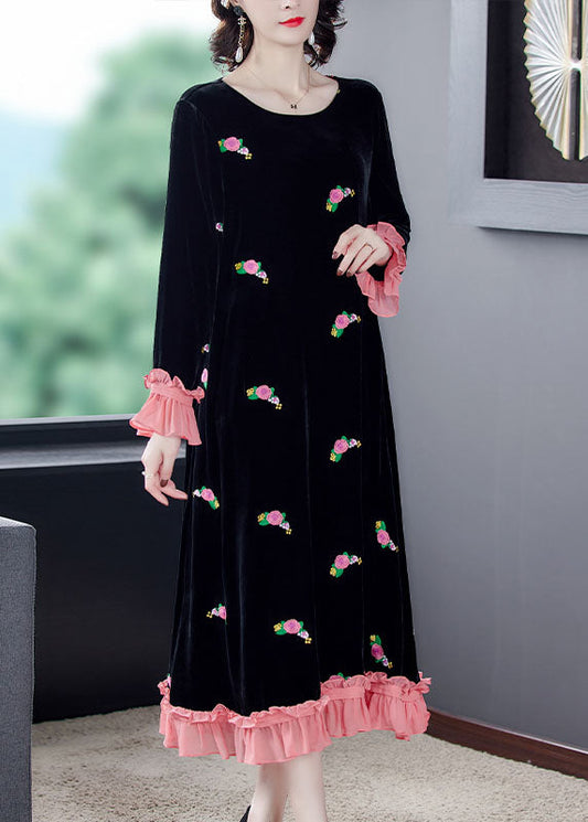 French Black Embroideried Floral Velour Dress Spring