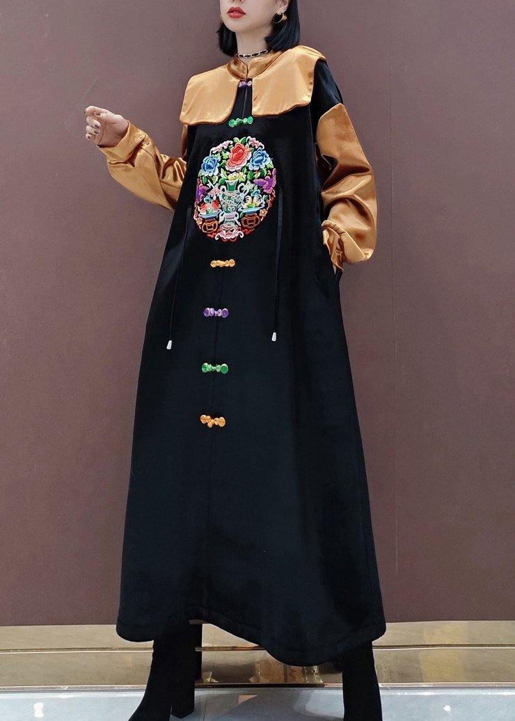 French Black Embroidery Tunic Stand Collar Patchwork Plus Size Spring Dresses - SooLinen