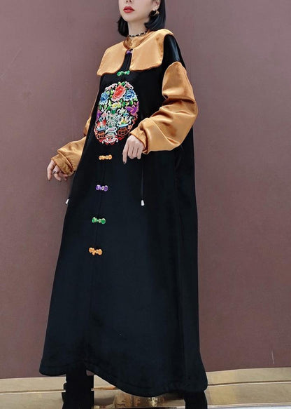 French Black Embroidery Tunic Stand Collar Patchwork Plus Size Spring Dresses - SooLinen
