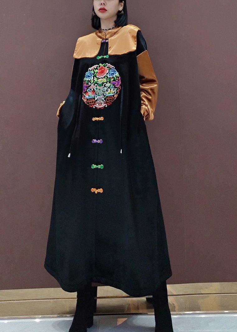 French Black Embroidery Tunic Stand Collar Patchwork Plus Size Spring Dresses - SooLinen
