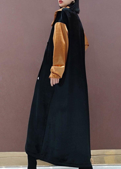 French Black Embroidery Tunic Stand Collar Patchwork Plus Size Spring Dresses - SooLinen