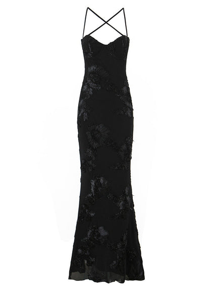 French Black Floral Tulle Slim Spaghetti Strap Dress Summer
