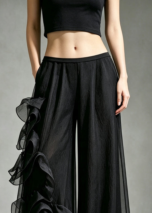 French Black Floral Tulle Wide Leg Pants Fall