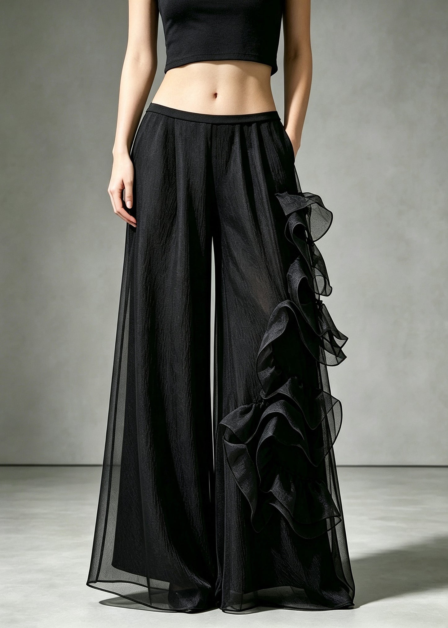 French Black Floral Tulle Wide Leg Pants Fall