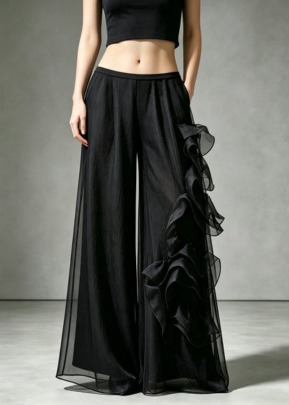 French Black Floral Tulle Wide Leg Pants Fall