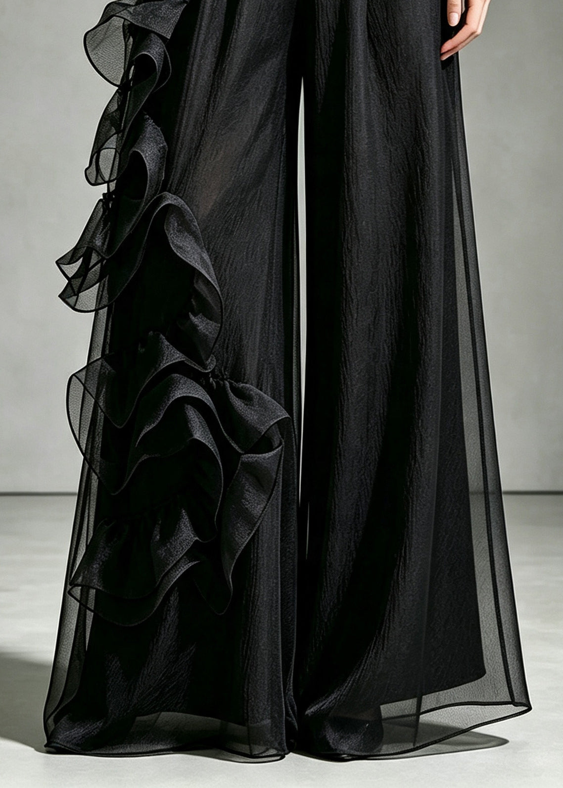 French Black Floral Tulle Wide Leg Pants Fall