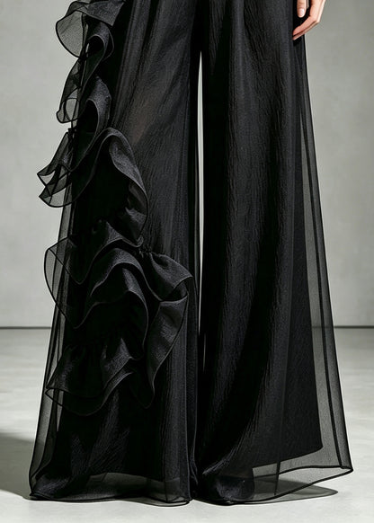 French Black Floral Tulle Wide Leg Pants Fall