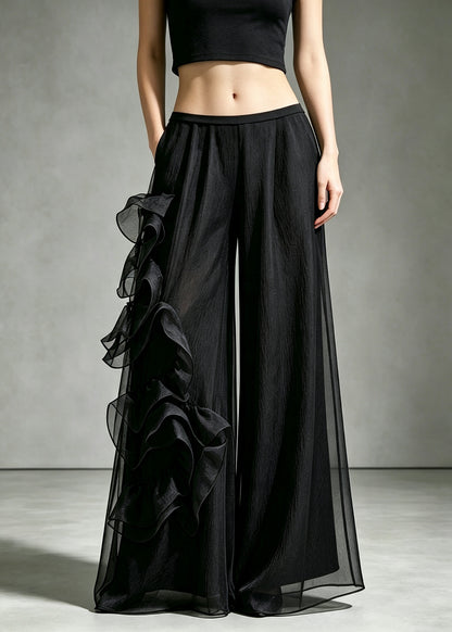 French Black Floral Tulle Wide Leg Pants Fall