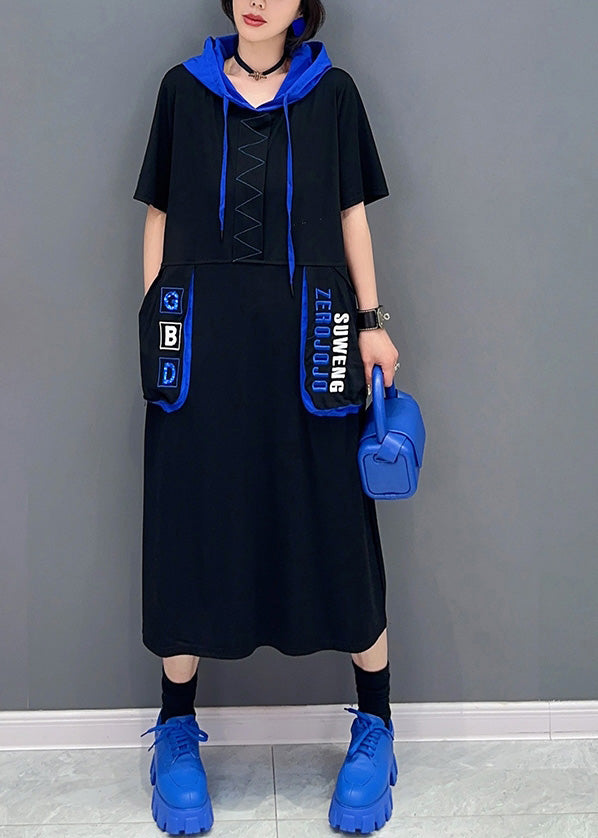 French Black Graphic Print Patchwork Vacation Hooded Maxi Dresses Short Sleeve
