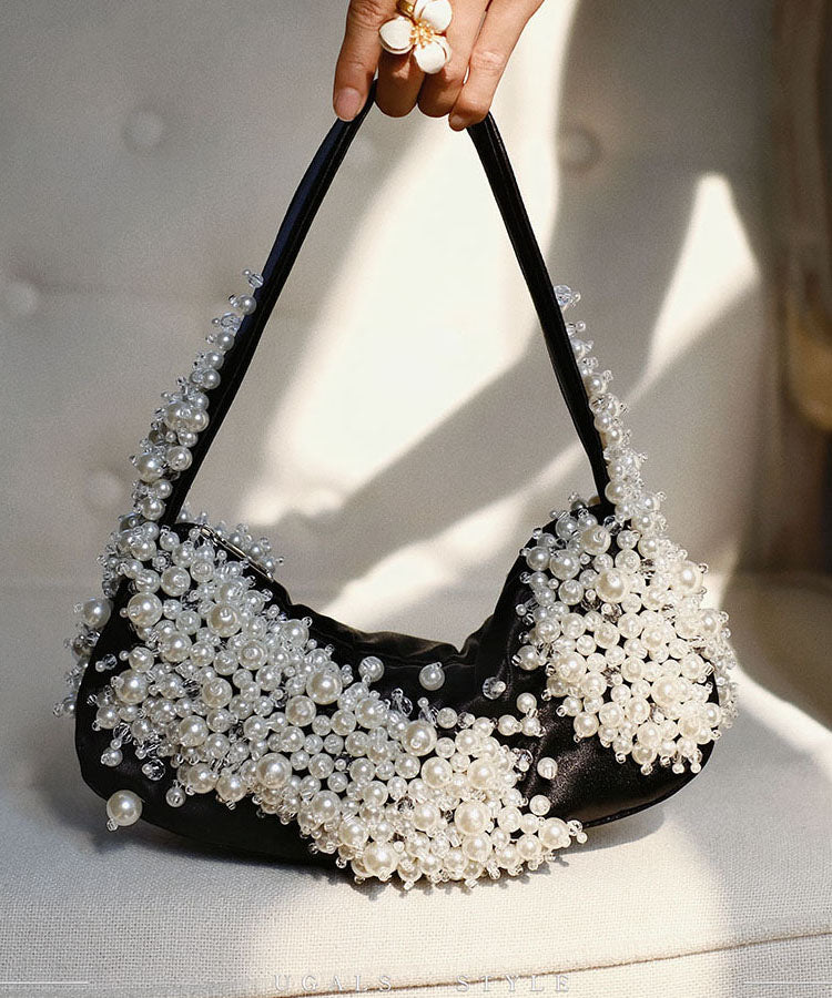French Black Handmade Pearl String Faux Leather Shoulder Bag