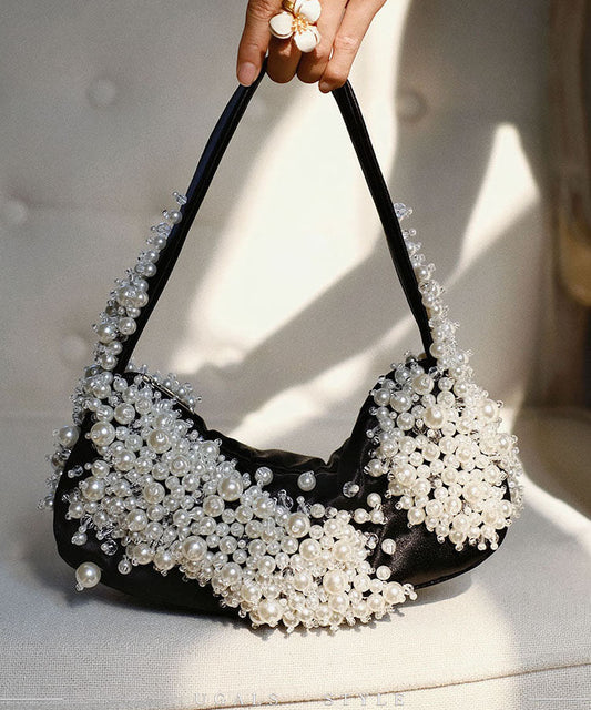 French Black Handmade Pearl String Faux Leather Shoulder Bag