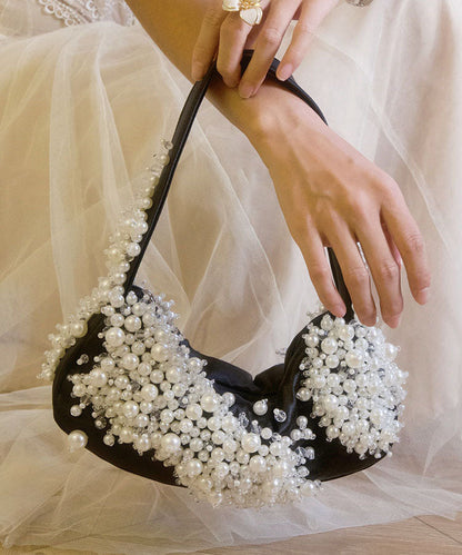 French Black Handmade Pearl String Faux Leather Shoulder Bag