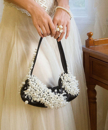 French Black Handmade Pearl String Faux Leather Shoulder Bag