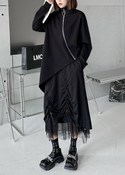 French Black High Neck Zip Up Patchwork Asymmetrical Knit Sweaters