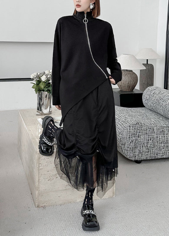 French Black High Neck Zip Up Patchwork Asymmetrical Knit Sweaters